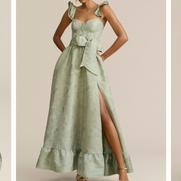 V. Chapman Dresses & Skirts - V. Chapman Veronica Corset Ruffle Side-Slit Dress in Sage